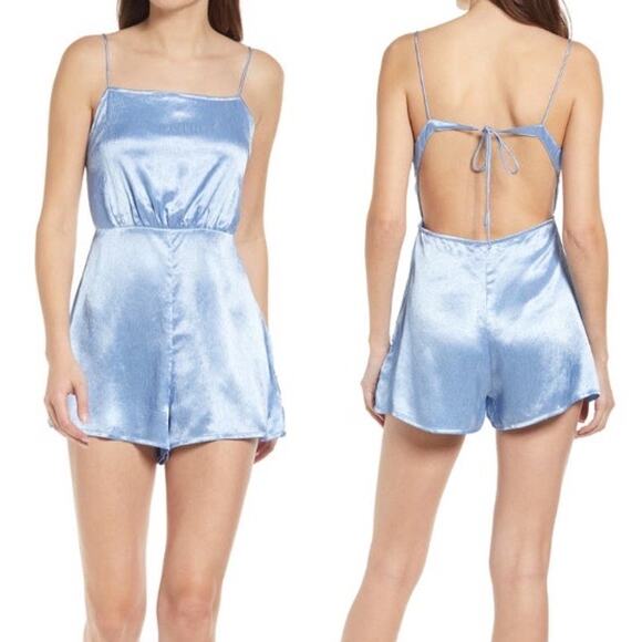 Rahi Bondi Gwen Blue Satin Open Back Romper Women’s Large NWOT - Picture 1 of 10